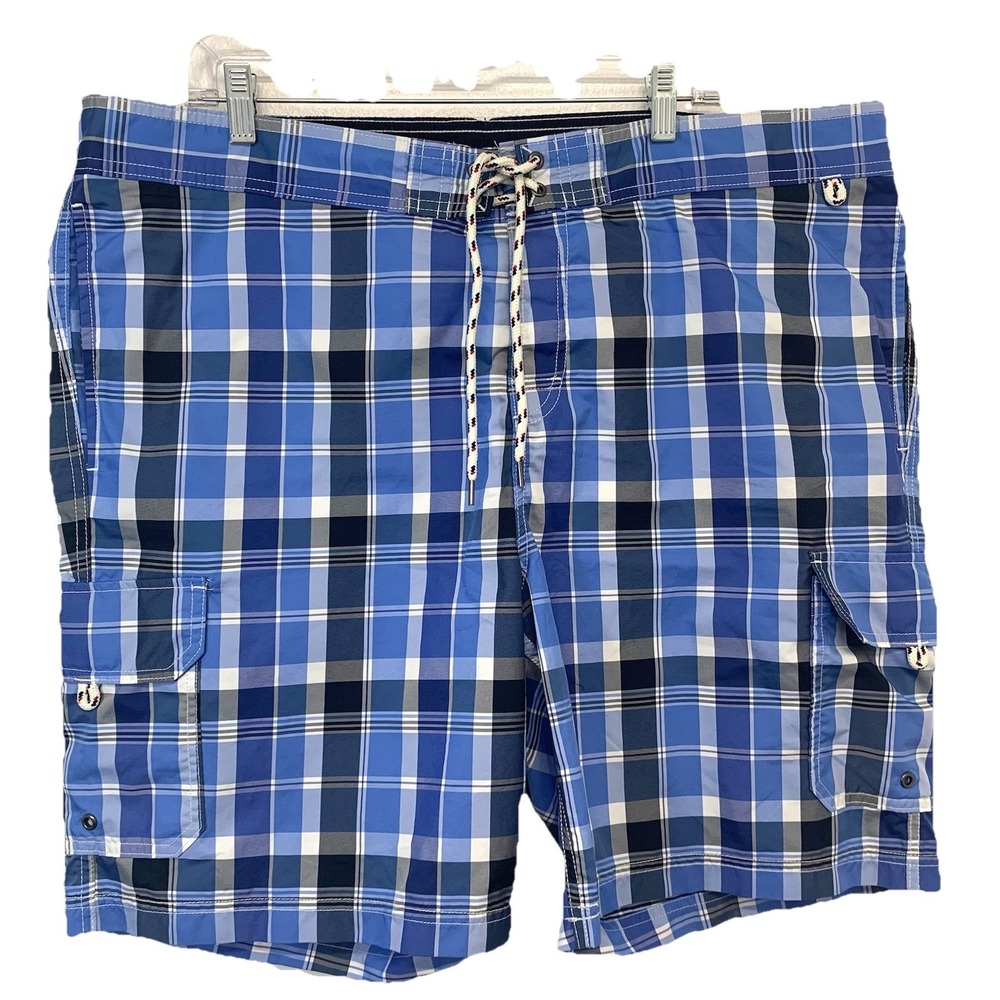 Lands End Cargo Swim Board Shorts Men XL Mesh Lining Blue Plaid Drawstring